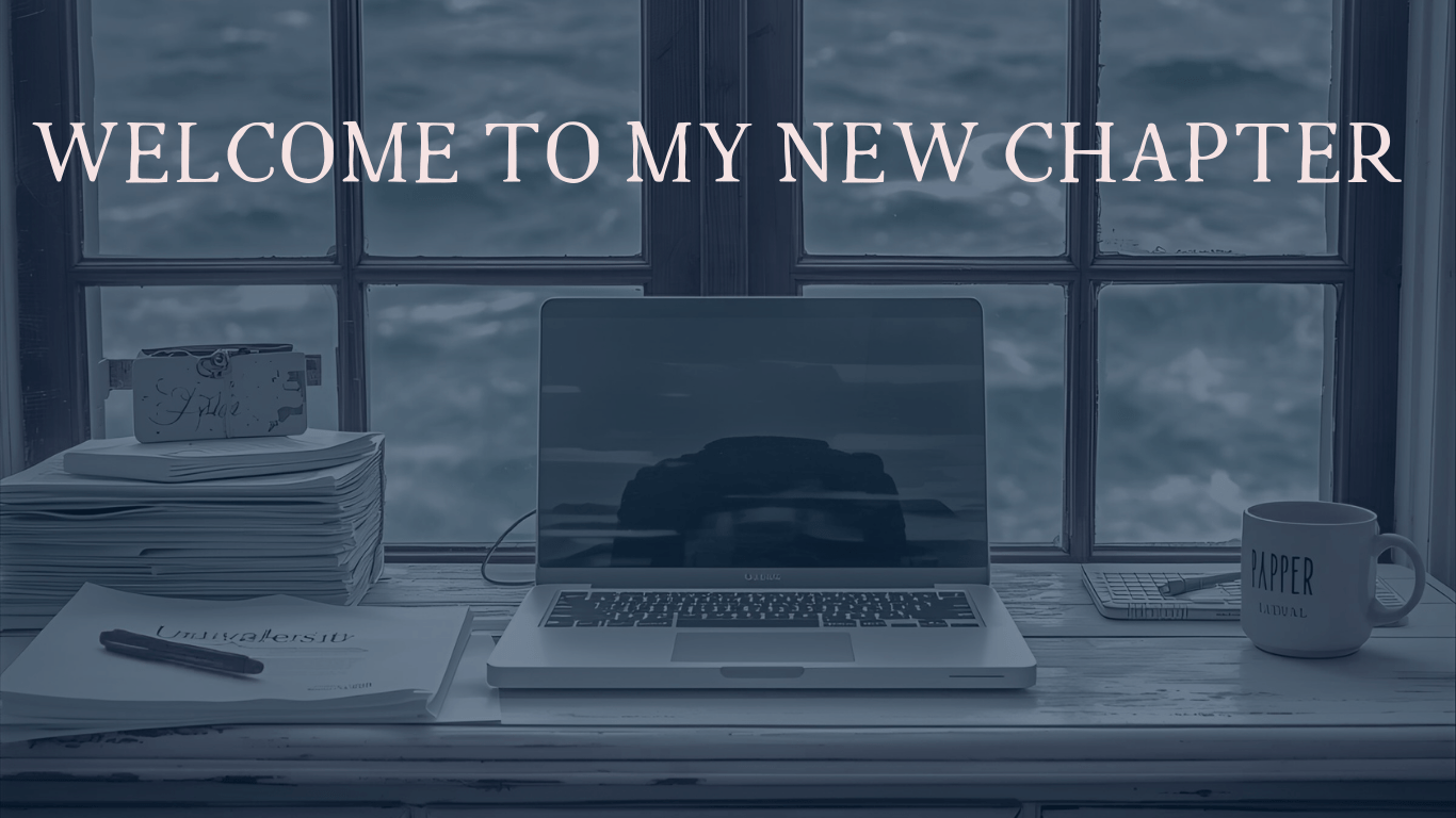 welcome text with desk and ocean in the background for the new elleash.blog
